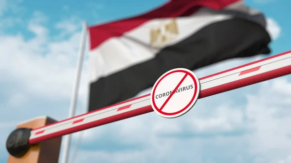 Boom barrière sluiten met Stop Coronavirus teken tegen de Egyptische vlag. Quarantaine in Egypte. 3d destructie — Stockfoto