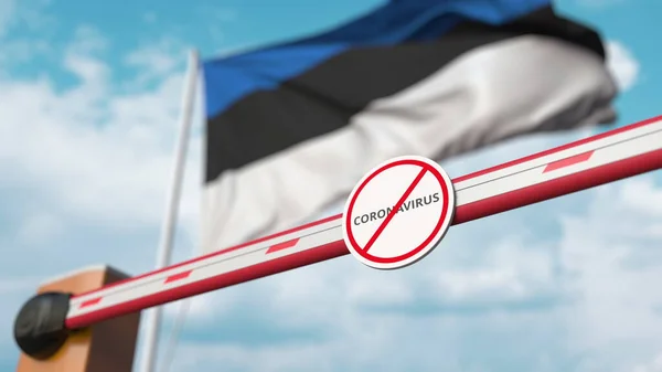 Fechando a barreira de lança com STOP CORONAVIRUS assinar contra a bandeira estoniana. Quarentena na Estónia. Renderização 3D — Fotografia de Stock