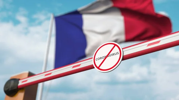 Cancello a barriera con cartello STOP CORONAVIRUS chiuso con la bandiera della Francia come sfondo. Quarantena francese. Rendering 3D — Foto Stock