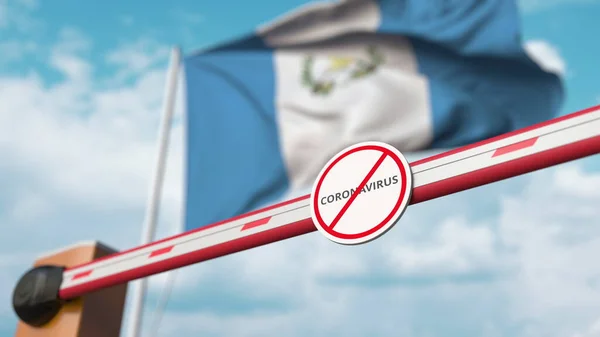 Barrier gate with STOP CORONAVIRUS sign being closed with flag of Guatemala as a background. Quarantaine guatémaltèque. rendu 3D — Photo