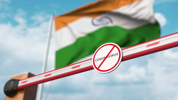 Барьерные ворота с табличкой STOP CORONAVIRUS закрываются флагом Индии в качестве фона. Индийский карантин. 3D рендеринг — стоковое фото