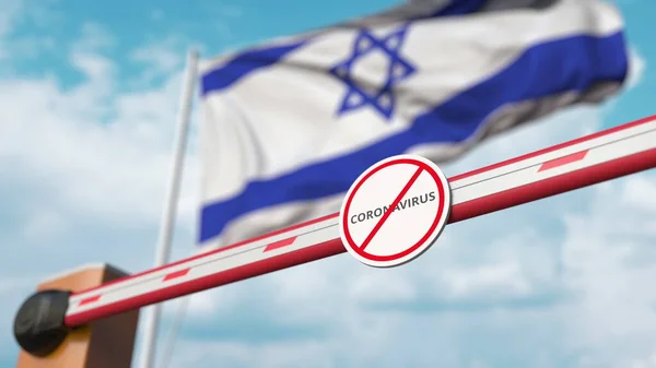 Puerta de pluma cerrada con letrero STOP CORONAVIRUS en el fondo de la bandera israelí. Cuarentena en Israel. Renderizado 3D —  Fotos de Stock