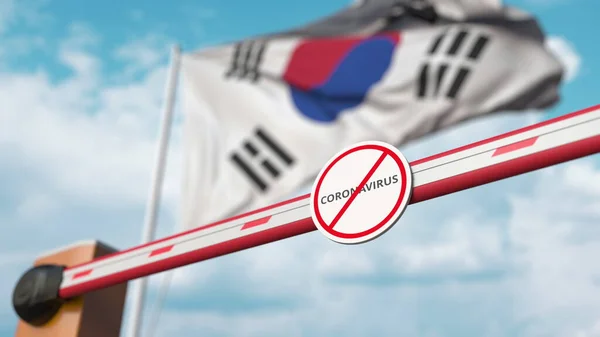 Closed boom gate with STOP CORONAVIRUS sign on the Korean flag background. Quarantine in South Korea. 3D rendering — 스톡 사진