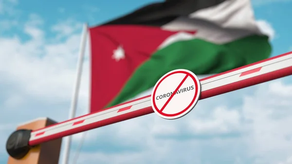 Barrièrepoort met Stop Coronavirus teken wordt gesloten met de vlag van Jordanië als achtergrond. Jordaanse quarantaine. 3d destructie — Stockfoto