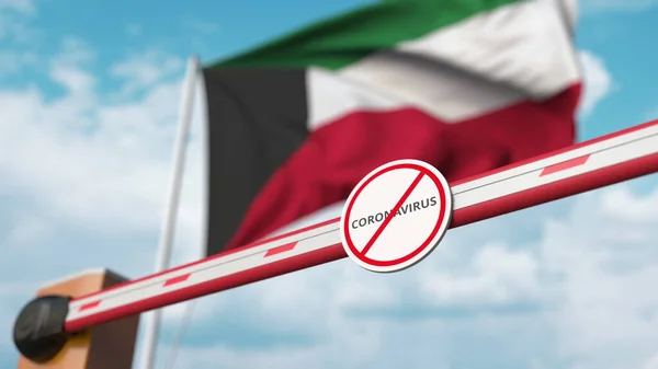 Fechando a barreira de lança com STOP CORONAVIRUS assinar contra a bandeira do Kuwait. Quarentena no Kuwait. Renderização 3D — Fotografia de Stock