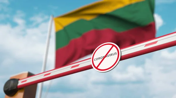 Closing boom barrier with STOP CORONAVIRUS sign against the Lithuanian flag. Quarantine in Lithuania. 3D rendering — 스톡 사진