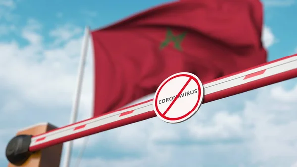 Fermeture de la barrière de flèche avec STOP CORONAVIRUS signe contre le drapeau marocain. La quarantaine au Maroc. rendu 3D — Photo