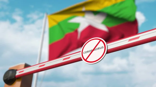 Closing boom barrier with STOP CORONAVIRUS sign against the Myanma flag. Quarantine in Myanmar. 3D rendering — Stock Photo, Image