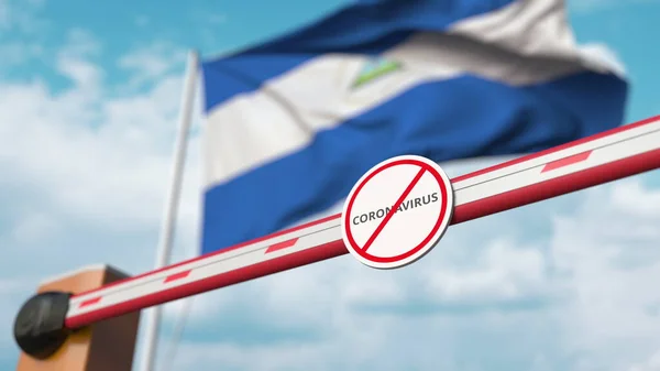 Barrier πύλη με Stop Coronavirus υπογράψει είναι κλειστή με σημαία της Νικαράγουας ως φόντο. Καραντίνα στη Νικαράγουα. 3d απόδοση — Φωτογραφία Αρχείου