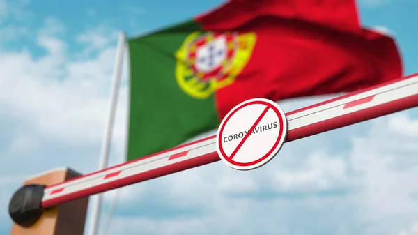 Puerta de pluma cerrada con señal de STOP CORONAVIRUS en el fondo de la bandera portuguesa. Cuarentena en Portugal. Renderizado 3D — Foto de Stock