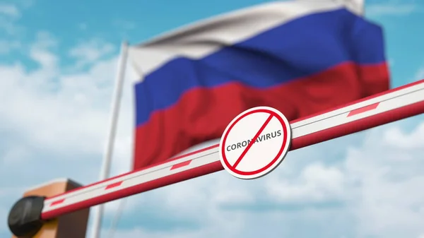 Бар'єрні ворота з знаком Stop Coronavirus закриті з прапором Росії як тло. Російський карантин. 3d рендеринг — стокове фото