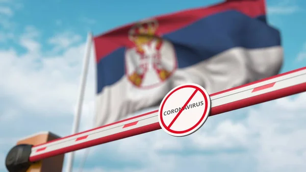 Fermeture de la barrière de boom avec STOP CORONAVIRUS signe contre le drapeau serbe. La quarantaine en Serbie. rendu 3D — Photo