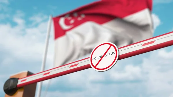 Barrièrepoort met Stop Coronavirus teken wordt gesloten met de vlag van Singapore als achtergrond. Singaporese quarantaine. 3d destructie — Stockfoto