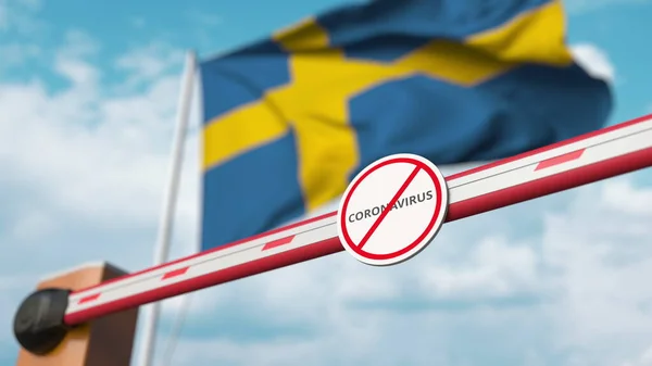Zamykam barierę boom z podpisem Stop Coronavirus przeciwko szwedzkiej flagi. Kwarantanna w Szwecji. 3d renderowanie — Zdjęcie stockowe