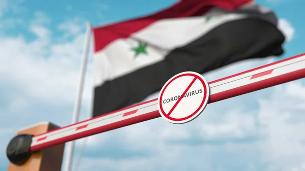 Stängd bom grind med Stop Coronavirus tecken på den syriska flaggan bakgrund. Karantän i Syrien. 3d-konvertering — Stockfoto