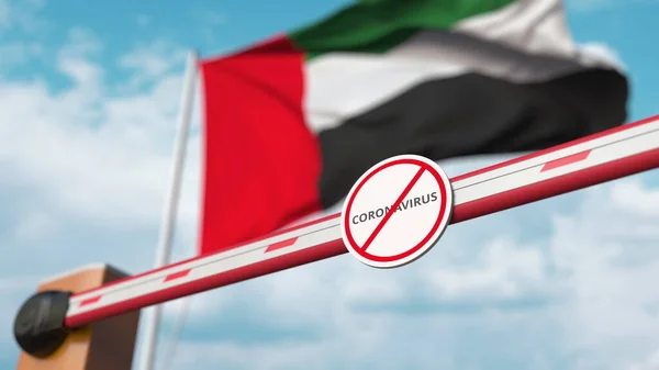Fechando barreira de lança com STOP CORONAVIRUS assinar contra a bandeira dos Emirados Árabes Unidos. Quarentena. Renderização 3D — Fotografia de Stock