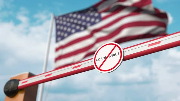 Cerrando la barrera del boom con STOP CORONAVIRUS firme contra la bandera estadounidense. Cuarentena en Estados Unidos. Renderizado 3D — Foto de Stock