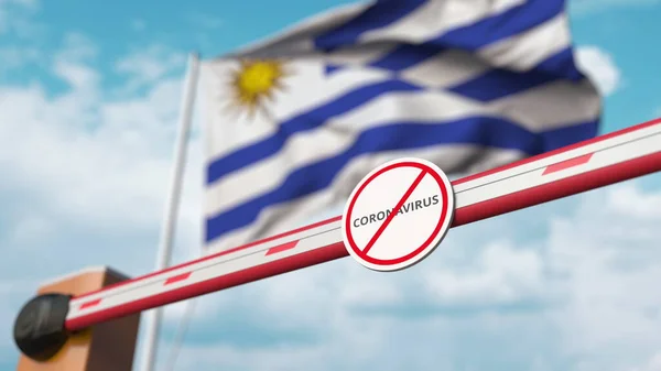 Bumm-gát lezárása Stop Coronavirus felirattal az uruguayi zászló ellen. Karantén Uruguayban. 3D-s renderelés — Stock Fotó