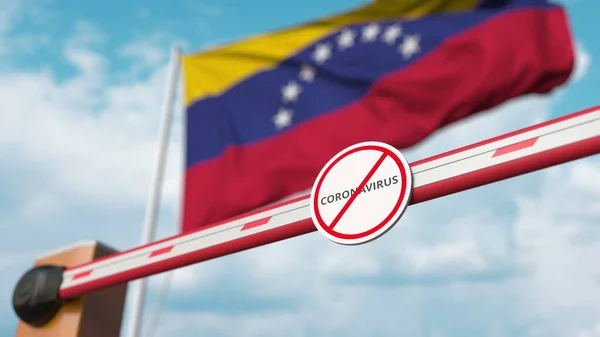 关闭繁荣屏障与停止验尸标志与委内瑞拉国旗。在委内瑞拉检疫。3d渲染 — 图库照片