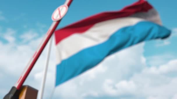 ストップ・コロナウイルスの徴候とバリア・ゲートは、背景としてルクセンブルクの旗で閉じられています。ルクセンブルクの隔離 — ストック動画