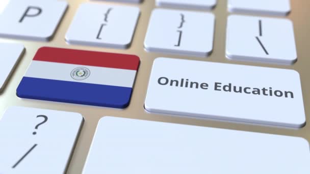 Текст онлайн образования и флаг Парагвая на кнопках на клавиатуре компьютера. Современная профессиональная подготовка концептуальная 3D анимация — стоковое видео