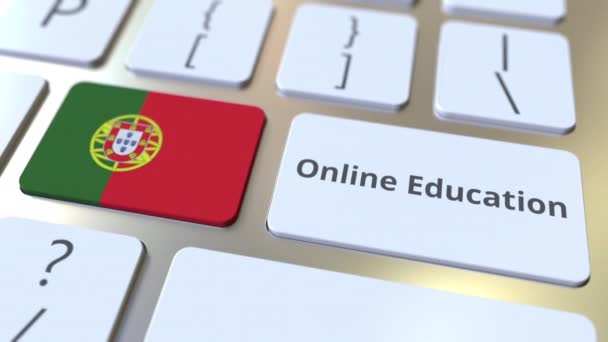 कंप्यूटर कीबोर्ड पर बटन पर पुर्तगाल का ऑनलाइन शिक्षा पाठ और ध्वज। आधुनिक पेशेवर प्रशिक्षण संबंधित अवधारणा 3 डी एनिमेशन — स्टॉक वीडियो