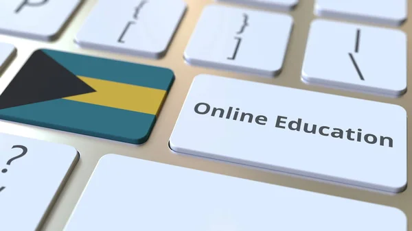 コンピュータのキーボードのボタンにバハマのオンライン教育テキストとフラグ。現代の職業訓練関連の概念3Dレンダリング — ストック写真
