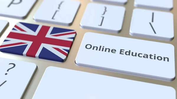 Online Edukacja tekst i flaga Wielkiej Brytanii na przyciskach na klawiaturze komputera. Nowoczesne szkolenia zawodowe związane konceptualne renderowanie 3D — Zdjęcie stockowe
