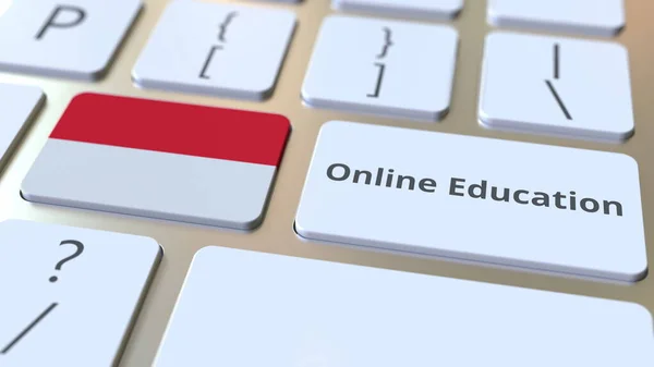 Online Vzdělávání text a vlajka Indonésie na tlačítkách na klávesnici počítače. Moderní profesionální školení související konceptuální 3D vykreslování — Stock fotografie