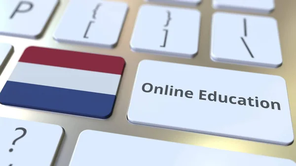 Online Vzdělání text a vlajka Nizozemska na tlačítkách na klávesnici počítače. Moderní profesionální školení související konceptuální 3D vykreslování — Stock fotografie