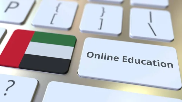 Online Vzdělávání text a vlajka Spojených arabských emirátů SAE na tlačítkách na klávesnici počítače. Moderní profesionální školení související konceptuální 3D vykreslování — Stock fotografie