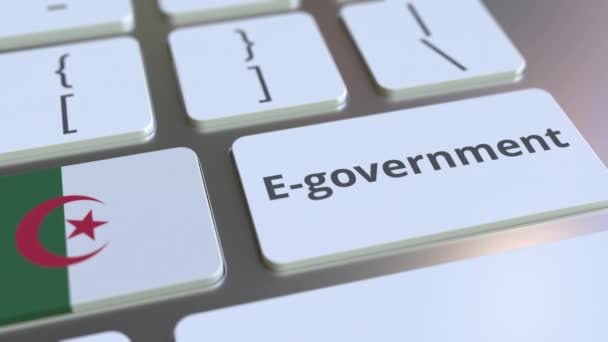 E-government ή Electronic Government κείμενο και σημαία Αλγερίας στο πληκτρολόγιο. Σύγχρονες δημόσιες υπηρεσίες σχετικές εννοιολογικές 3d κινούμενα σχέδια — Αρχείο Βίντεο