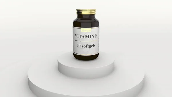 Botella medicinal con geles blandos genéricos de vitamina E y logo ficticio. Suplementos de estilo de vida saludable o representación 3D relacionada con la industria farmacéutica — Foto de Stock