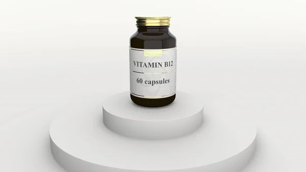 Frasco de medicamentos con cápsulas genéricas de vitamina B12 y logotipo ficticio. Suplementos de estilo de vida saludable o representación 3D relacionada con la industria farmacéutica —  Fotos de Stock