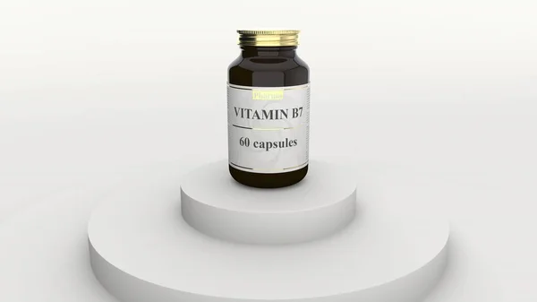 Glasflasche mit generischen Vitamin-B7-Kapseln und fiktionalem Logo. Gesunder Lebensstil oder pharmazeutische Industrie verwandte 3D-Rendering — Stockfoto