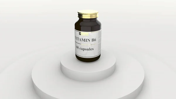 Frasco de vidrio medicinal con cápsulas genéricas de vitamina B6 y logotipo ficticio. Suplementos de estilo de vida saludable o representación 3D relacionada con la industria farmacéutica —  Fotos de Stock