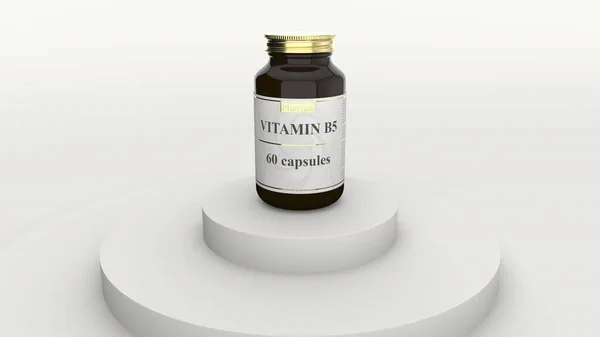Frasco de vidro de farmácia com cápsulas genéricas de vitamina B5 e logotipo fictício. Suplementos de estilo de vida saudável ou renderização 3D relacionada à indústria farmacêutica — Fotografia de Stock