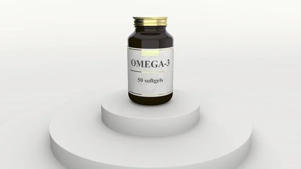 Medizinglasflasche mit generischem Omega-3-Softgel und fiktionalem Logo. Gesunder Lebensstil oder pharmazeutische Industrie verwandte 3D-Rendering — Stockfoto