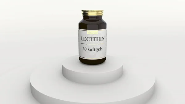 Flasche mit generischem Lecithin-Softgel und fiktionalem Logo. Gesunder Lebensstil oder pharmazeutische Industrie verwandte 3D-Rendering — Stockfoto
