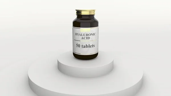 Frasco con comprimidos genéricos de ácido hialurónico y logotipo ficticio. Suplementos de estilo de vida saludable o representación 3D relacionada con la industria farmacéutica —  Fotos de Stock
