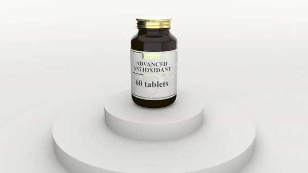 Medizinflasche mit generischen fortschrittlichen Antioxidantien-Tabletten und fiktionalem Logo. Gesunder Lebensstil oder pharmazeutische Industrie verwandte 3D-Rendering — Stockfoto