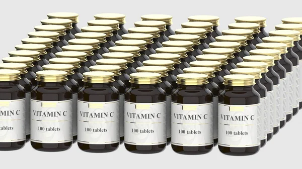 Frascos de vidrio de farmacia con tabletas genéricas de vitamina C y logotipo ficticio. Renderizado 3D relacionado con la producción industrial farmacéutica — Foto de Stock