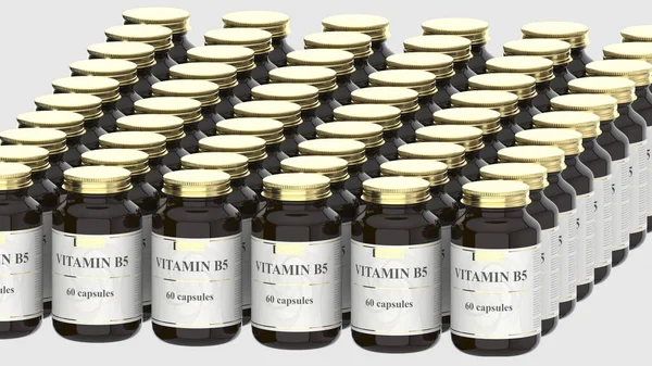Apotheken-Glasflaschen mit generischen Vitamin-B5-Kapseln und fiktionalem Logo. Pharmazeutische industrielle Produktion im Zusammenhang mit 3D-Rendering — Stockfoto