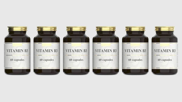 Medizinglasflaschen mit generischen Vitamin-B3-Kapseln und fiktionalem Logo. Pharmazeutische industrielle Produktion im Zusammenhang mit 3D-Rendering — Stockfoto