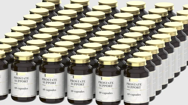 Medizinglasflaschen mit generischen Kapseln zur Unterstützung der Prostata und fiktionalem Logo. Pharmazeutische industrielle Produktion im Zusammenhang mit 3D-Rendering — Stockfoto