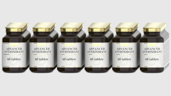 Frascos de medicamentos con tabletas antioxidantes avanzadas genéricas y logotipo ficticio. Renderizado 3D relacionado con la producción industrial farmacéutica —  Fotos de Stock