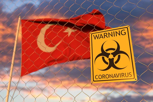 Señal de advertencia de Coronavirus en la valla en el fondo de la bandera turca. Cruce fronterizo restringido o cuarentena en Turquía. Renderizado 3D conceptual — Foto de Stock