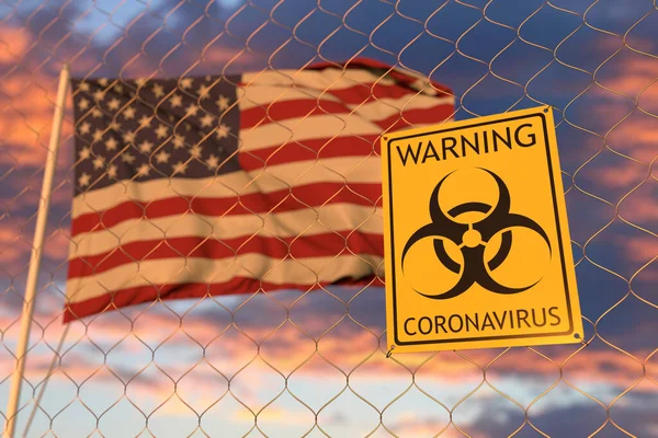 Coronavirus biohazard proti americké vlajce. Uzavřený vstup nebo karanténa v USA. Konceptuální 3D vykreslování — Stock fotografie