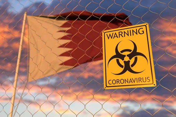 Coronavirus sinal de perigo biológico com bandeira do Qatar como pano de fundo. Qatari restringiu a entrada ou quarentena. Renderização 3D conceitual — Fotografia de Stock