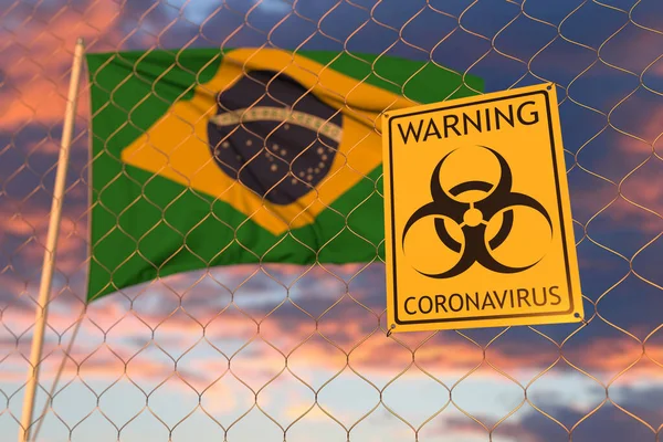 Coronavirus warning sign on the fence on the Brazilian flag background. Restricted entry or quarantine in Brazil. Conceptual 3D rendering — Stock Photo, Image